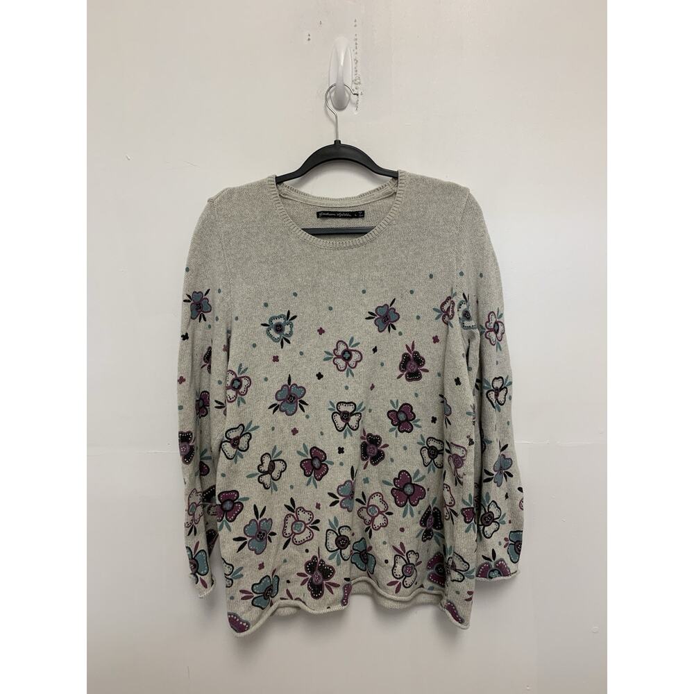 Gudrun Sjoden Cream Floral Crewneck Sweater with Purple and Blue Accents